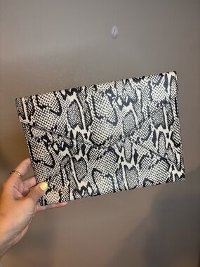 Rebecca Minkoff Black and Cream Snake-Print Envelope Clutch